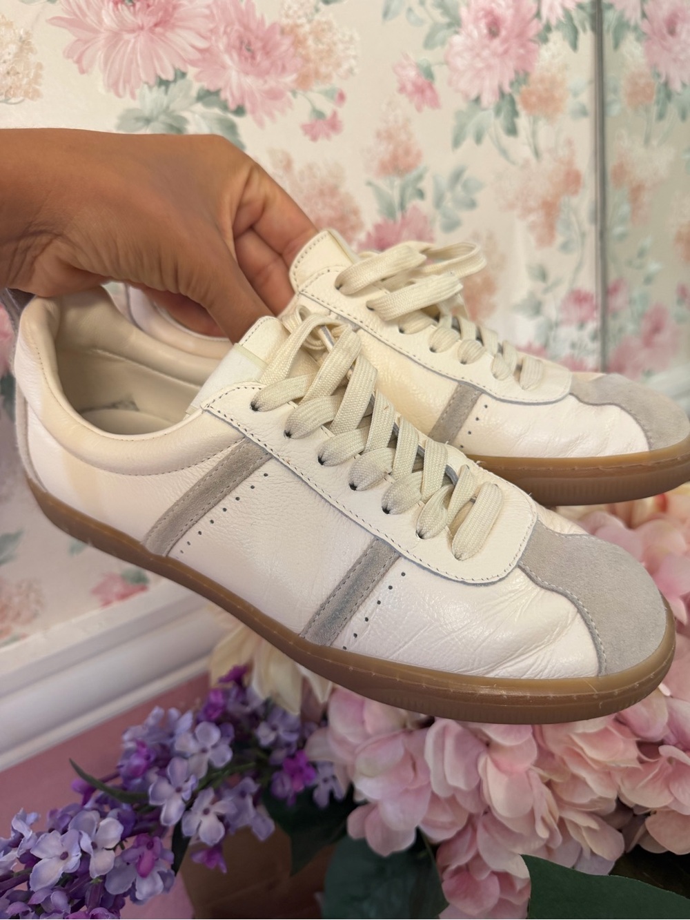 Mango Women's White Leather Sneakers with Gray Suede Trim